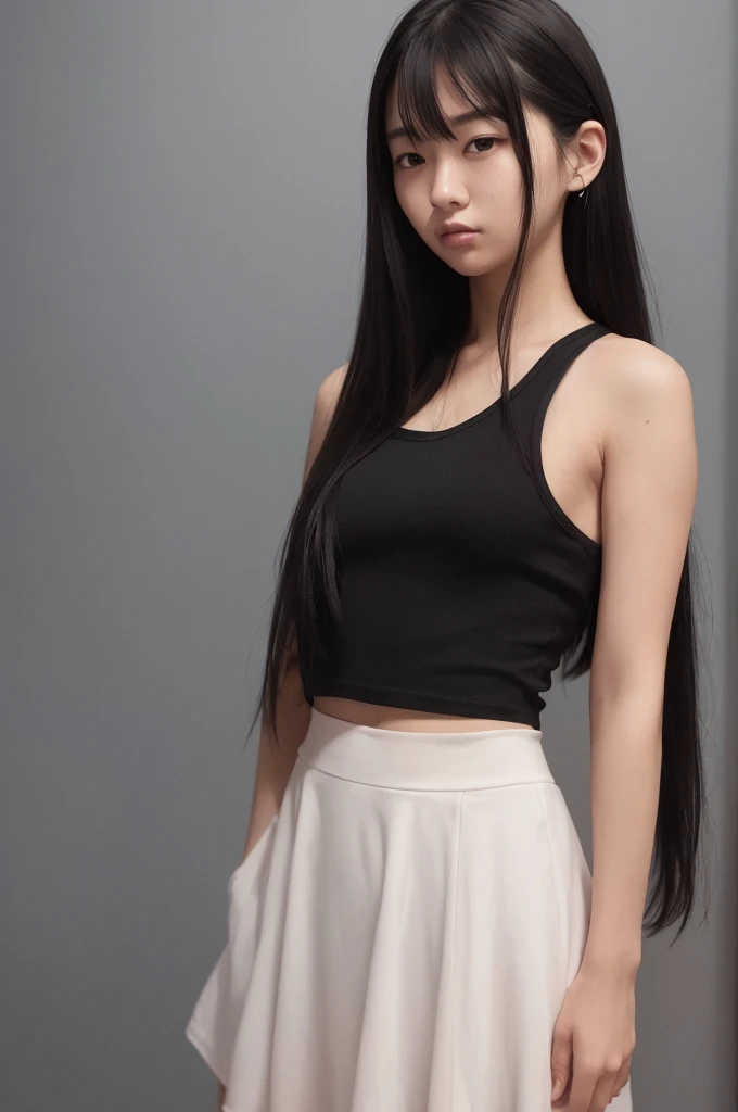 20 year old girl, black tank top, black skirt, long hair, high contrast (Natural skin texture, Hyperrealism, Soft Light, sharp), portrait, standing, kpop