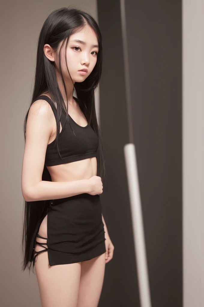 20 year old girl, black tank top, black skirt, long hair, high contrast (Natural skin texture, Hyperrealism, Soft Light, sharp), portrait, standing, kpop