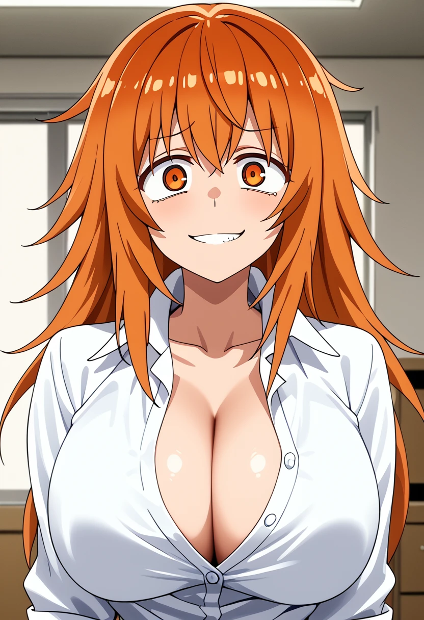 (masterpiece), best quality, expressive eyes, solo, perfect face, orange eyes, orange hair, maki gamou, white buttoned shirt, large breasts,vneck