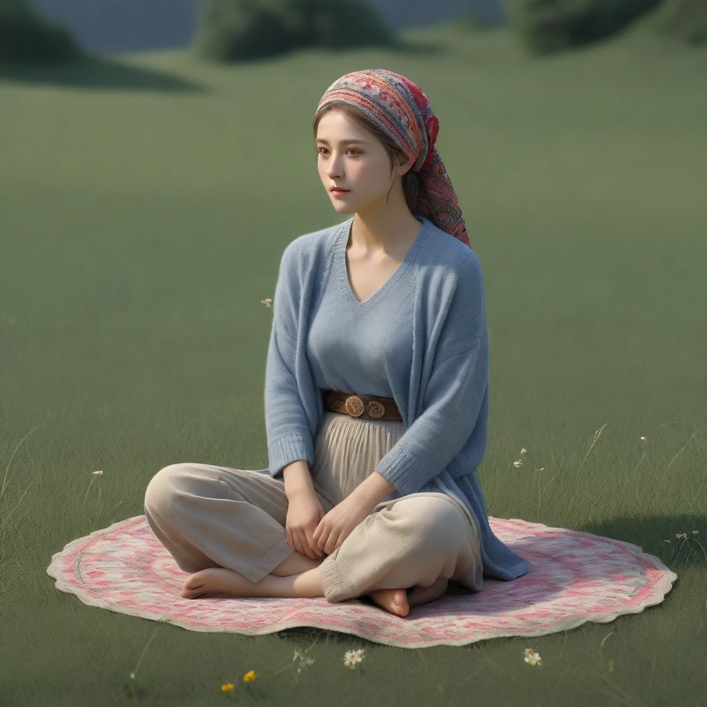 grassland,rosette,girl sitting on the grass,flower ring,8K, best quality, realistic, very detailed,distance, full body sbian,Wear high-quality knits and pants, 36 years old, head covering only the neck