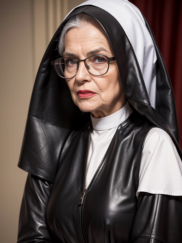 The best picture,The most realistic,4K clarity,bright picture, Old woman, age 70, nun outfit leather , straight hair, glasses, red lips,conjoined twins , bedroom