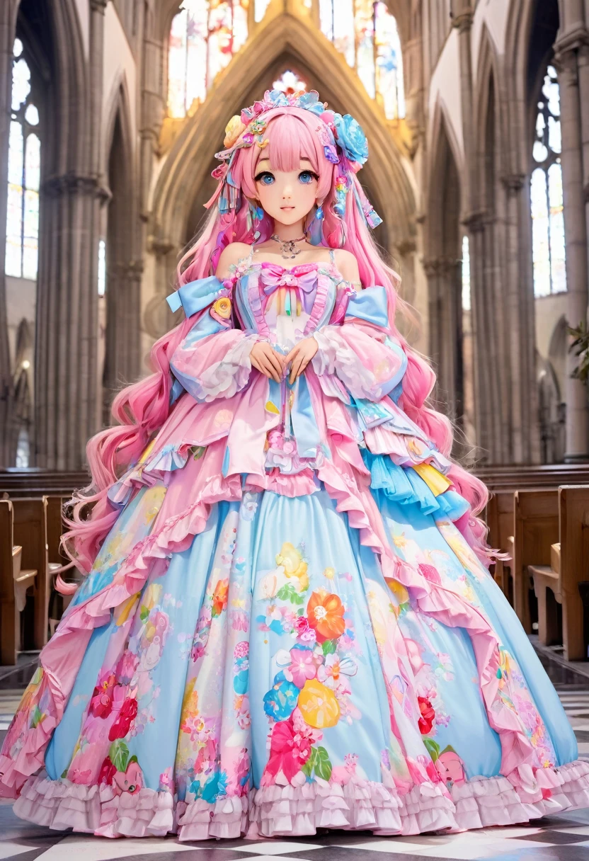 kawaii, Cute, Adorable, Pink, yellow,  Blue, ((1girl in)), "Beautiful girl with flowing hair and seductive eyes, Dressed in an exquisite floor-length gown decorated with floral prints, Elegantly poised in the glorious grandeur of the cathedral.", Decora, hair clips, Harajuku Fashion Costumes, Harajuku