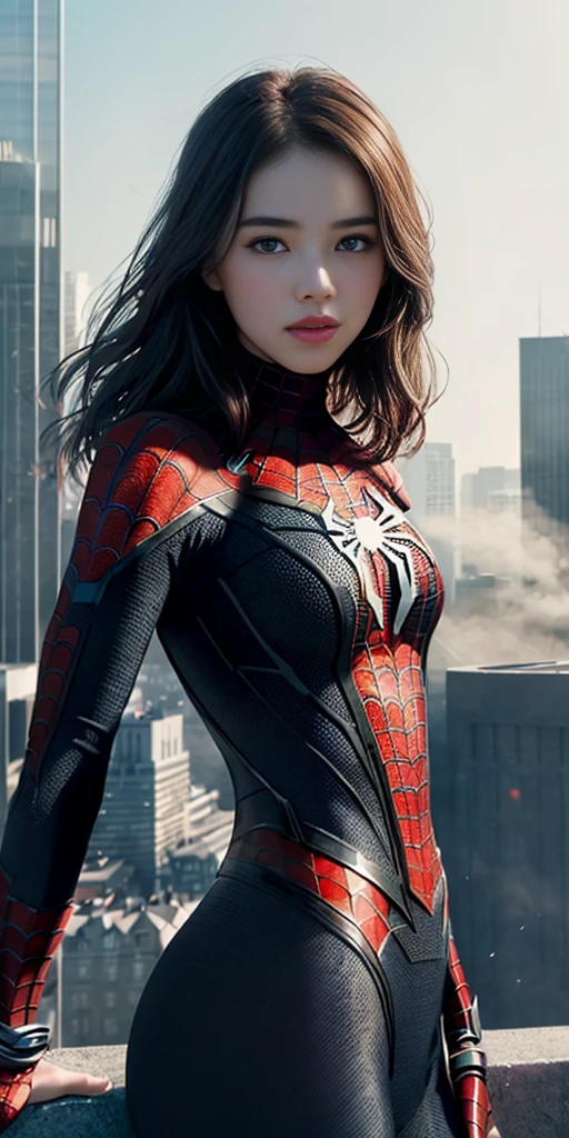 (1girl:1.3), Solo, (((Very detailed face)))), ((Very detailed eyes and face)))), Beautiful detail eyes, Body parts__, Official art, Unified 8k wallpaper, Super detailed, beautiful and beautiful, beautiful, masterpiece, best quality, original, masterpiece, super fine photo, best quality, super high resolution, realistic realism, sunlight, full body portrait, amazing beauty, dynamic pose, delicate face, vibrant eyes, (from the front), She wears Spider-Man suit, red and black color scheme, spider, very detailed city roof background, rooftop, overlooking the city, detailed face, detailed complex busy background, messy, gorgeous, milky white, highly detailed skin, realistic skin details, visible pores, clear focus, volumetric fog, 8k uhd, DSLR, high quality, film grain, fair skin, photo realism, lomography, futuristic dystopian megalopolis, translucent