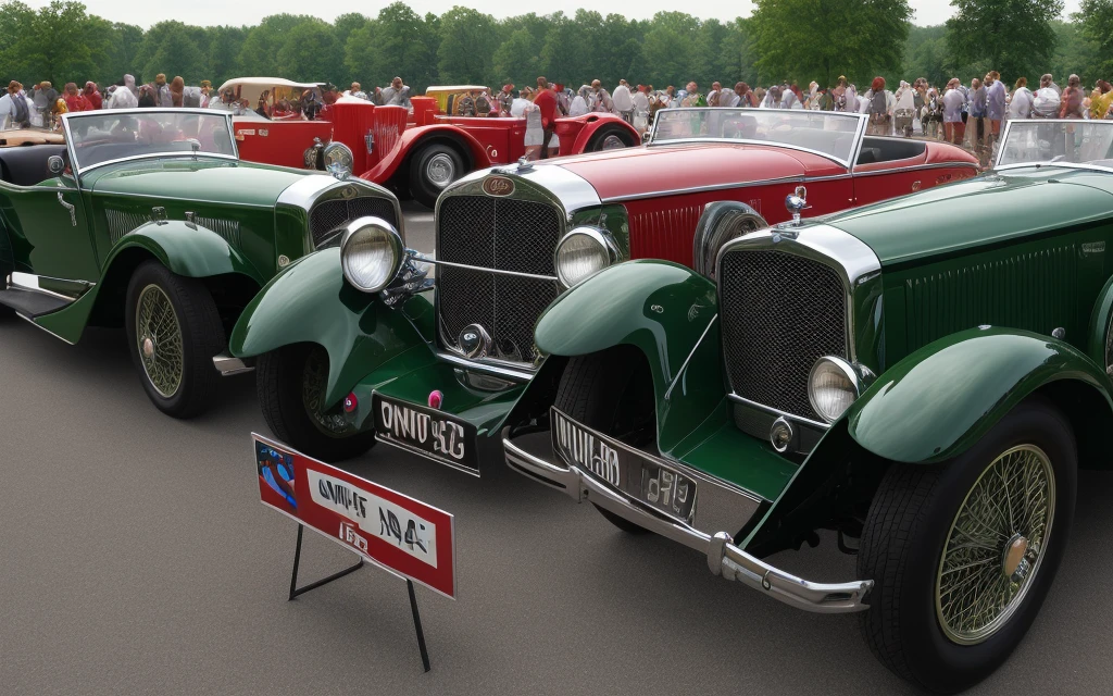 Create an image of several classic cars displayed in a concours d&#39;elegance in an elegant historic garden, rodeados de exuberantes paisajes y arquitectura impresionante. Enfoca los autos en el centro de la imagen, capturing its timeless beauty and the refined atmosphere of the event.