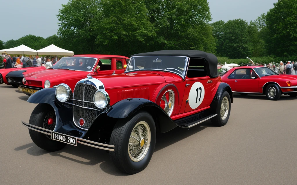 Create an image of several classic cars displayed in a concours d'elegance in an elegant historic garden, rodeados de exuberantes paisajes y arquitectura impresionante. Enfoca los autos en el centro de la imagen, capturing its timeless beauty and the refined atmosphere of the event.