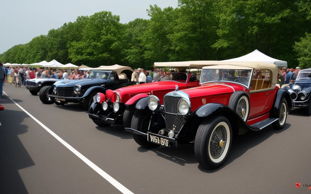 Create an image of several classic cars displayed in a concours d'elegance in an elegant historic garden, rodeados de exuberantes paisajes y arquitectura impresionante. Enfoca los autos en el centro de la imagen, capturing its timeless beauty and the refined atmosphere of the event.