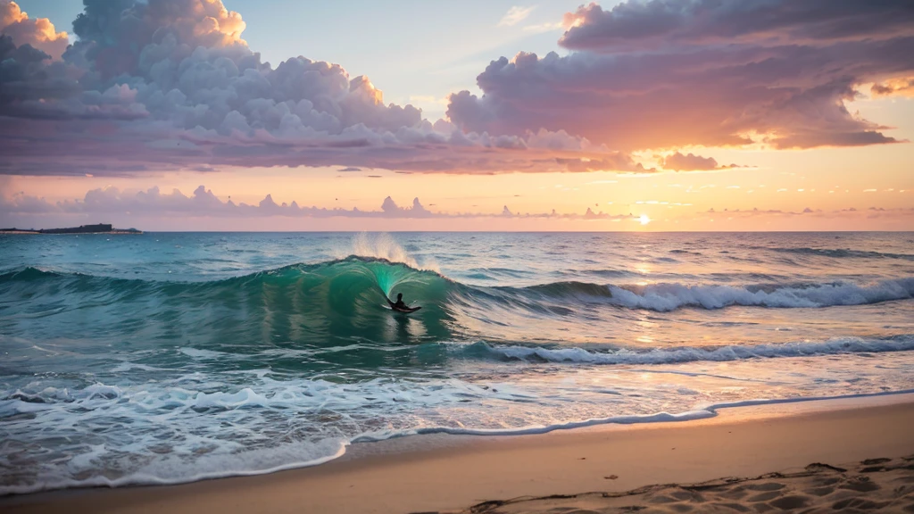 Sunset,A small wave is coming towards the beach, A sailboat in the distance,Photos inspired by Georg Friedrich Schmidt, shutter, art, early morning sunrise, Beach sunset, early morning, The picture shows the beach at sunset, Peaceful beach setting, Sunrise in the morning, Beach sunset背景, early morning, Prime hour in the morning, Beach sunset, early morning mood