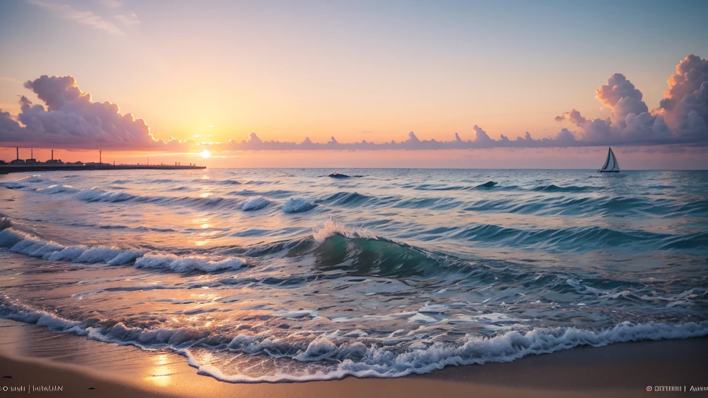 Sunset，A small wave is coming towards the beach, A sailboat in the distance,Photos inspired by Georg Friedrich Schmidt, shutter, art, early morning sunrise, Beach sunset, early morning, The picture shows the beach at sunset, Peaceful beach setting, Sunrise in the morning, Beach sunset背景, early morning, Prime hour in the morning, Beach sunset, early morning mood