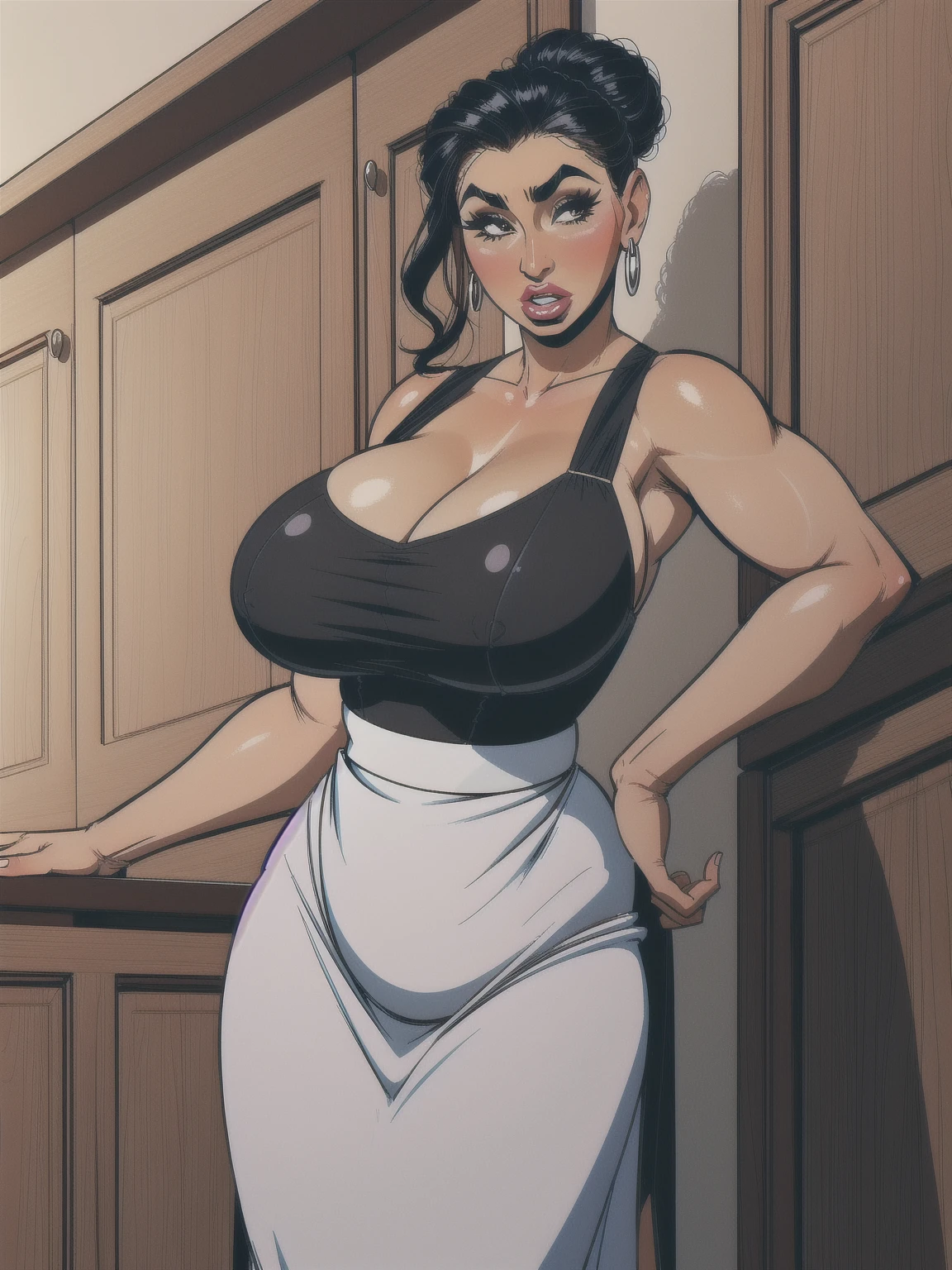 mature woman, retro, wearing dress and apron standing in kitchen, (huge breasts:1.1), muscular, black hair, updo, makeup, looking down at viewer, from below, extremely low angle,incase