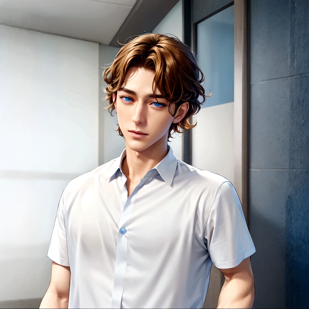 Blue eyes and golden hair、Anime boy in blue shirt, Tall anime guy with blue eyes, Semi-realistic anime, In games, Smooth anime CG art, Anime Handsome Man, Semi-realistic anime, main character, Inspired by Hisui Sugiura, Male Anime Characters, He has short, curly brown hair, Visual Novel CG, Male characters, Young Anime Guy