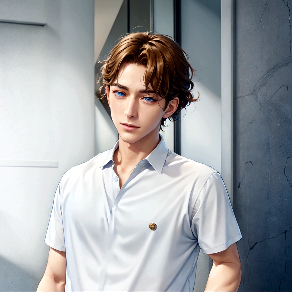 Blue eyes and golden hair、Anime boy in blue shirt, Tall anime guy with blue eyes, Semi-realistic anime, In games, Smooth anime CG art, Anime Handsome Man, Semi-realistic anime, main character, Inspired by Hisui Sugiura, Male Anime Characters, He has short, curly brown hair, Visual Novel CG, Male characters, Young Anime Guy