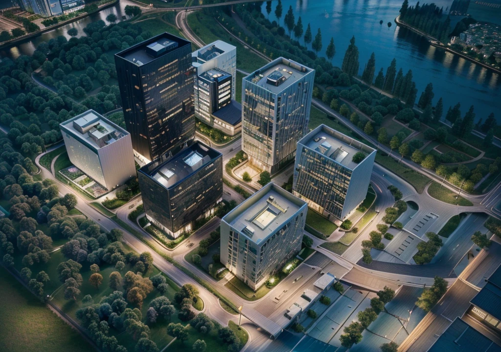 Skyscraper office building with green trees at night, High-tech environment, clear focus illustration hq, hq very detailed, The above points, skyscraper forest community, City, There is a river in the distance, City建筑亮化, High field of view, High-rise buildings，masterpiece，High Detail，HD resolution，8K，Crisp, high-quality rendering