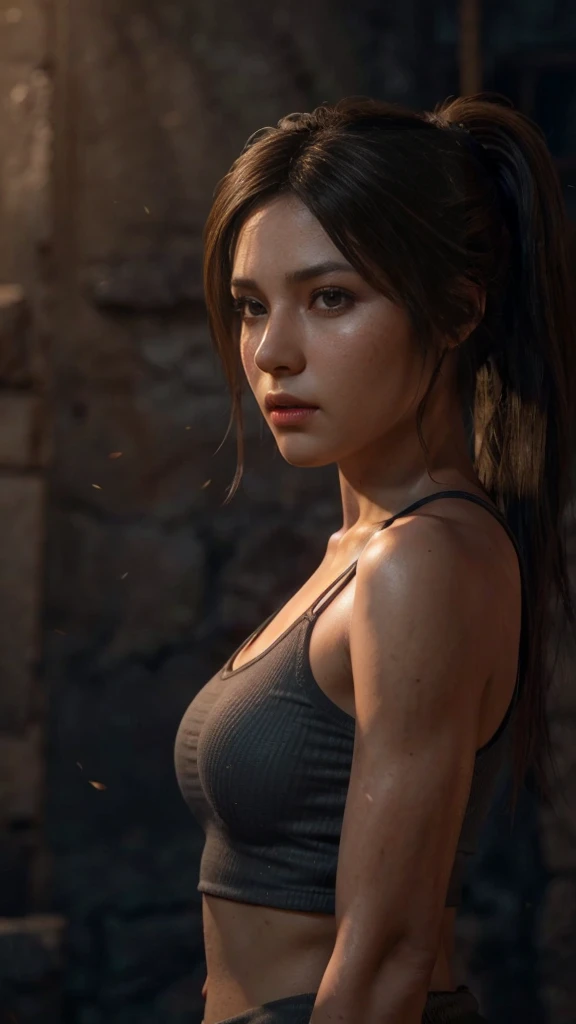 Lara Croft, brown eyes, (best quality, ultra-detailed), (realistic:1.37), beautiful and detailed face, ultra-realistic texture, delicate face, delicate body, red lipstick, bright colors. high definition, 8K, 