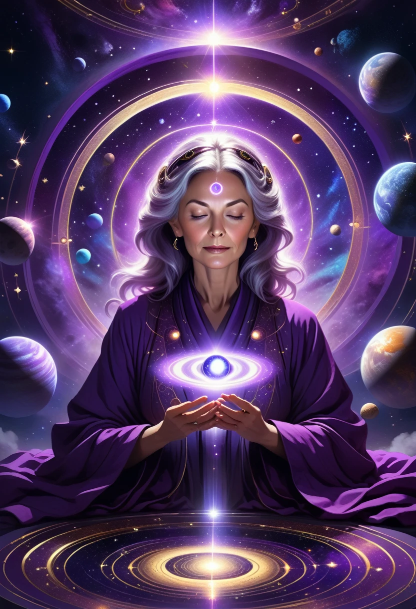 correct anatomy: 1.5, a beautiful mature female astrologer in a deep purple hooded robe, eyes closed in meditation, in a dimly lit room, mechanical, cyberpunk