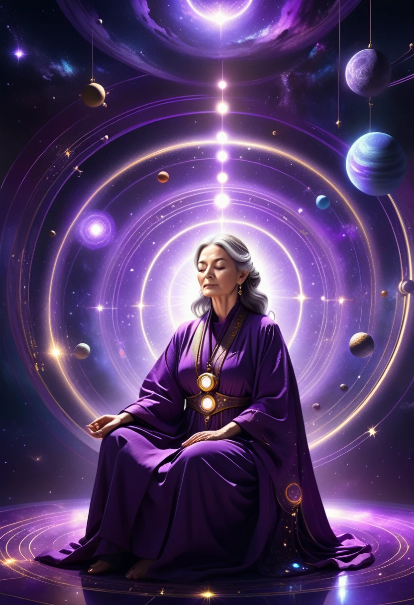 correct anatomy: 1.5, a beautiful mature female astrologer in a deep purple hooded robe, eyes closed in meditation, in a dimly lit room, mechanical, cyberpunk