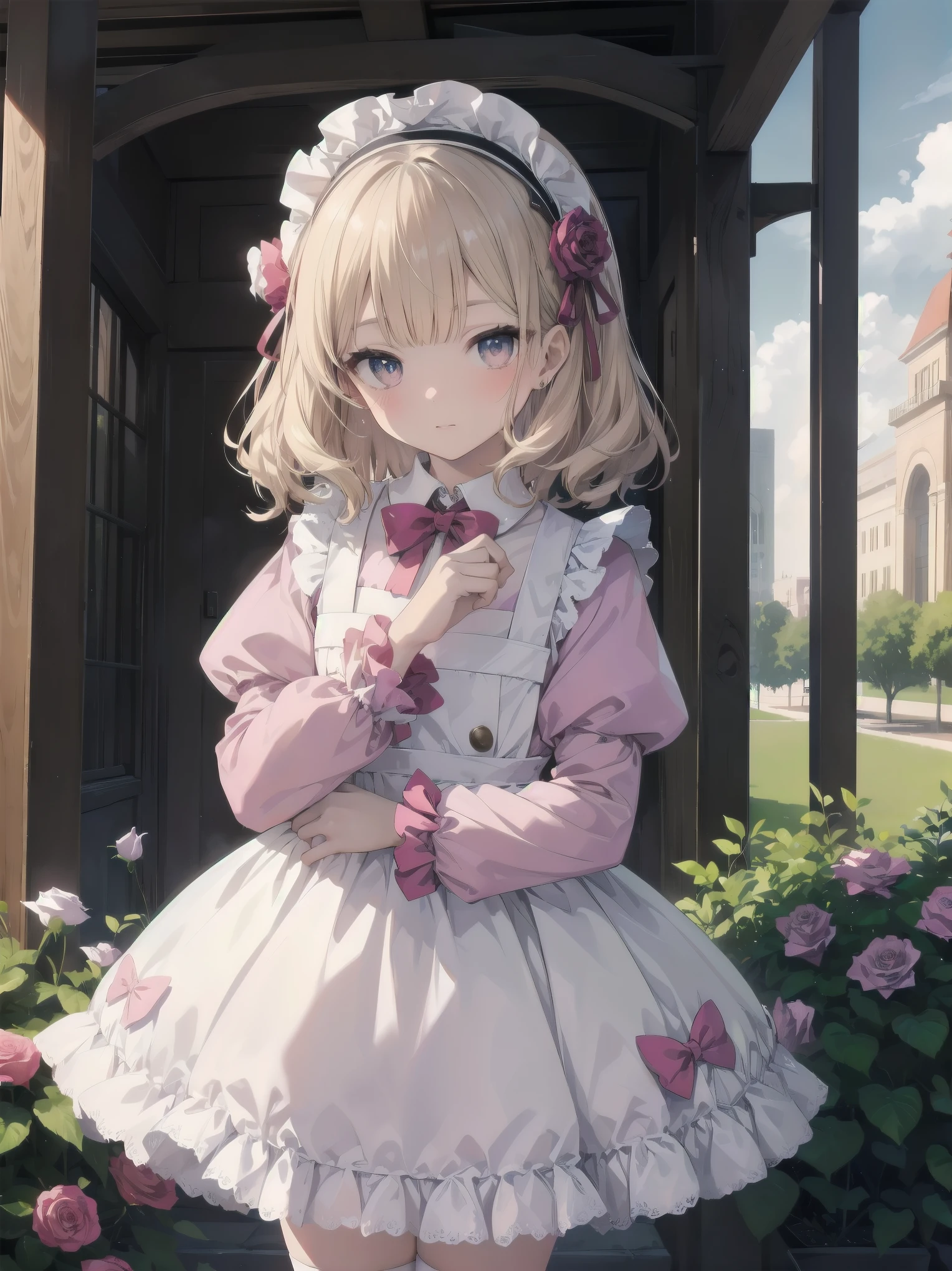 (Masterpiece: 1.2), (Best quality: 1.2), Superb resolution, Very detailed. BREAK. ((Anime girl in sweet lolita-inspired uniform)), clear girl, (1, Shy, 9 years old: 1.3), soft smile, demure pose, curly pastel hair, doe eyes, figure, (Top quality: 1.2), very high resolution, very detailed. Expressive eyes, beautifully detailed lips, high resolution detailed hair, perfect face, porcelain skin, delicate hands, perfect lighting. BREAK. ((Frilly lolita-style uniform with lace details)), ((Pink blouse with puff sleeves, white pinafore, rose patterns: 1.3)), knee-high socks with bows, platform shoes. BREAK. (School garden), flower beds, gazebo, fountain, soft sunlight, (cowboy shot composition: 1.2). BREAK. ((Positive: 1.3)). BREAK. Digital animation art, sweet lolita anime style illustration