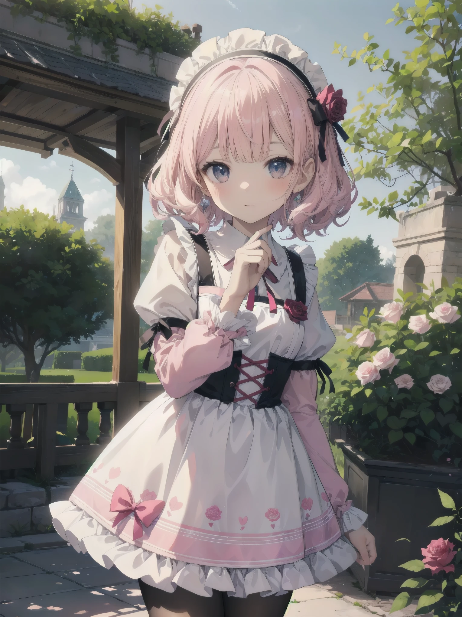 (Masterpiece: 1.2), (Best quality: 1.2), Superb resolution, Very detailed. BREAK. ((Anime girl in sweet ta-inspired uniform)), clear girl, (1, Shy, 9 ye3), soft smile, demure pose, curly pastel hair, doe eyes, figure, (Top quality: 1.2), very high resolution, very detailed. Expressive eyes, beautifully detailed lips, high resolution detailed hair, perfect face, porcelain skin, delicate hands, perfect lighting. BREAK. ((Frilly lolita-style unm with lace details)), ((Pink blouse with puff sleeves, white pinafore, rose patterns: 1.3)), knee-high socks with bows, platform shoes. BREAK. (School garden), flower beds, gazebo, fountain, soft sunlight, (cowboy shot composition: 1.2). BREAK. ((Positive: 1.3)). BREAK. Digital animation art, sweet lolita anime style stration