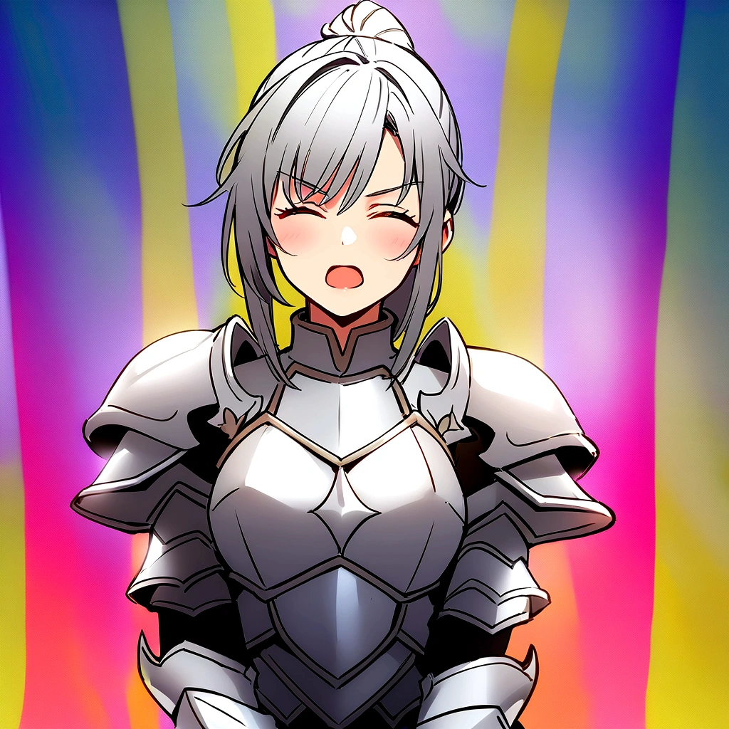 Beautiful girl knight in armor, Gray Hair, fantastic, Face your body forward like a certificate photo, shoot from front, Ponytail, Armor Girl, beautiful female knight, Female Paladin, Talking mouth, upper body shot, drawing both arms, closed eyes