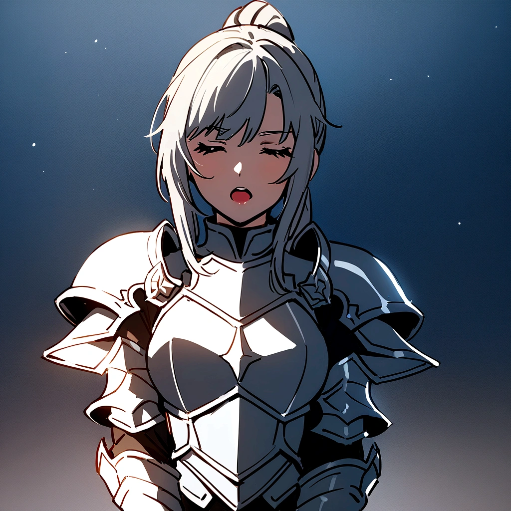 Beautiful girl knight in armor, Gray Hair, fantastic, Face your body forward like a certificate photo, shoot from front, Ponytail, Armor Girl, beautiful female knight, Female Paladin, Talking mouth, upper body shot, drawing both arms, closed eyes