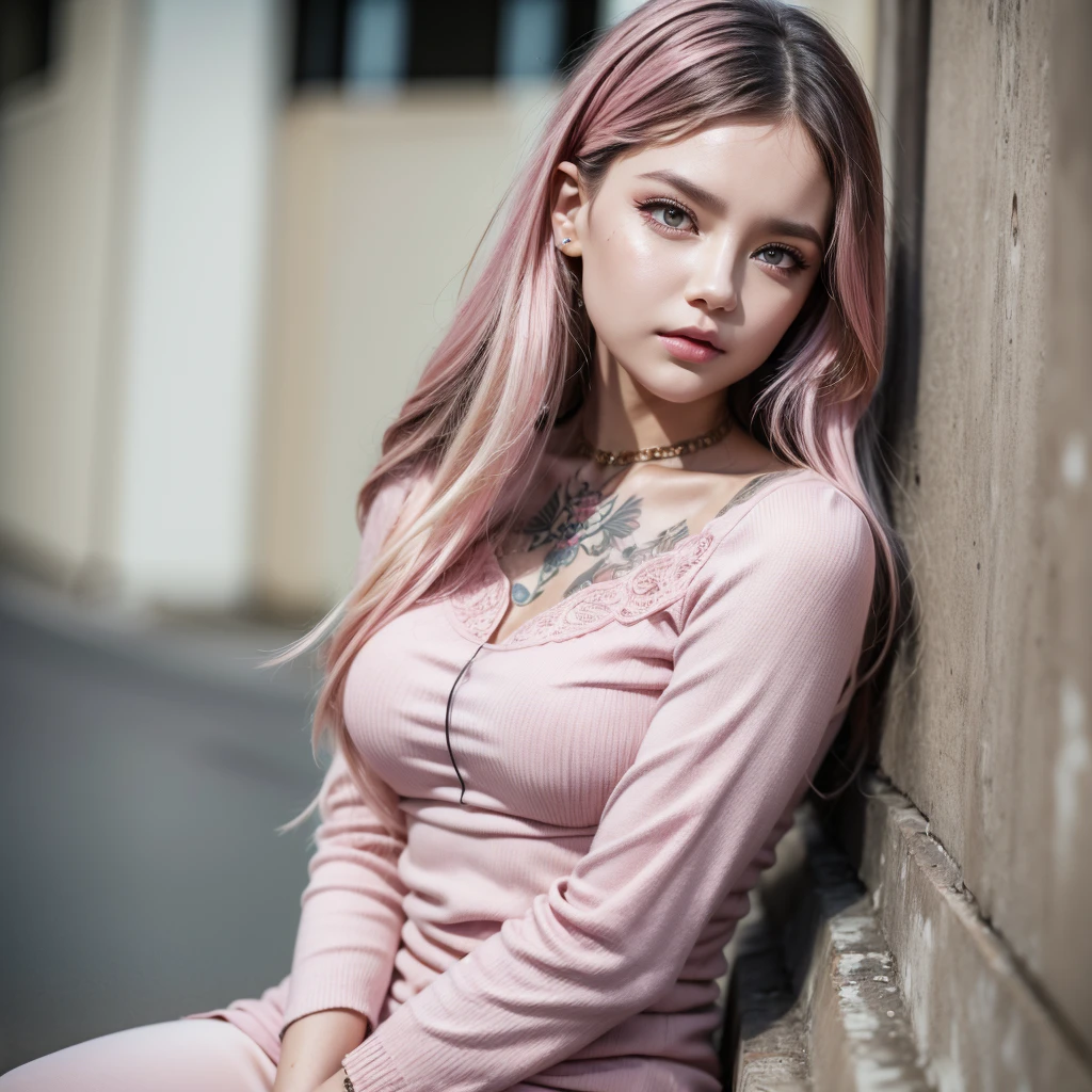 tattooed full body, fine and delicate woman, photo portrait, realistic, pink eyes, long eyelashes, almond-shaped eyes, red lips, punk rap style, seductive neckline, pink cotton blouse. intricate details, vivid details, detailed skin, detailed body, vivid colors, bokeh, long pink hair, colorful hair, listening to music, dj, cute figure. sitting thinking, thoughtful, sitting leaning on a wall. Listen Music. KAWAII