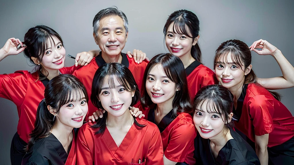 Dental hygienists, side by side, smiling, wearing fluorescent red medical scrubs, cute, Japanese, black hair, upper body up　high resolution　Highest quality and harmony々　Group photo　Old men and women　Elderly gathering　Appearance is ugly