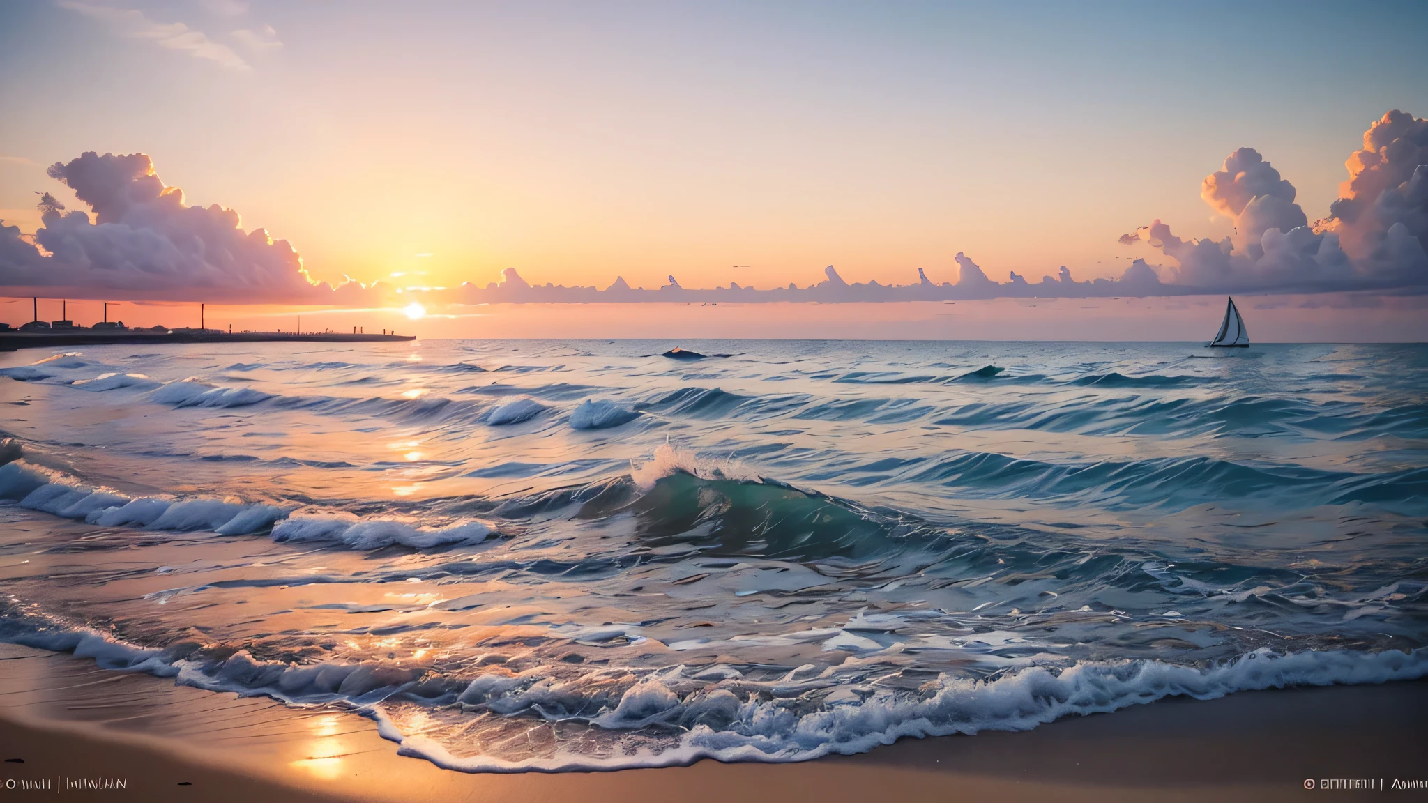 Sunset,A small wave is coming towards the beach, A sailboat in the distance,Photos inspired by Georg Friedrich Schmidt, shutter, art, early morning sunrise, Beach sunset, early morning, The picture shows the beach at sunset, Peaceful beach setting, Sunrise in the morning, Beach sunset background, early morning, Prime hour in the morning, Beach sunset, early morning mood