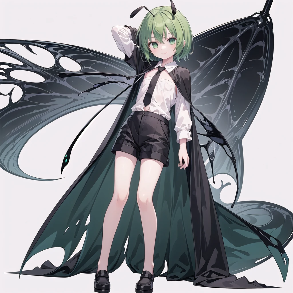 (((one girl))),(((wriggle nightbug))),(touhou),green eyes,antennae,green hair,short hair,swept bangs,white shirt,collared shirt,long sleeves,black shorts,black cape,(((smile))),(((full body))),(((flat chest))),(((arm behind head))),(((model posing))),(((simple white background))),(((from front)))