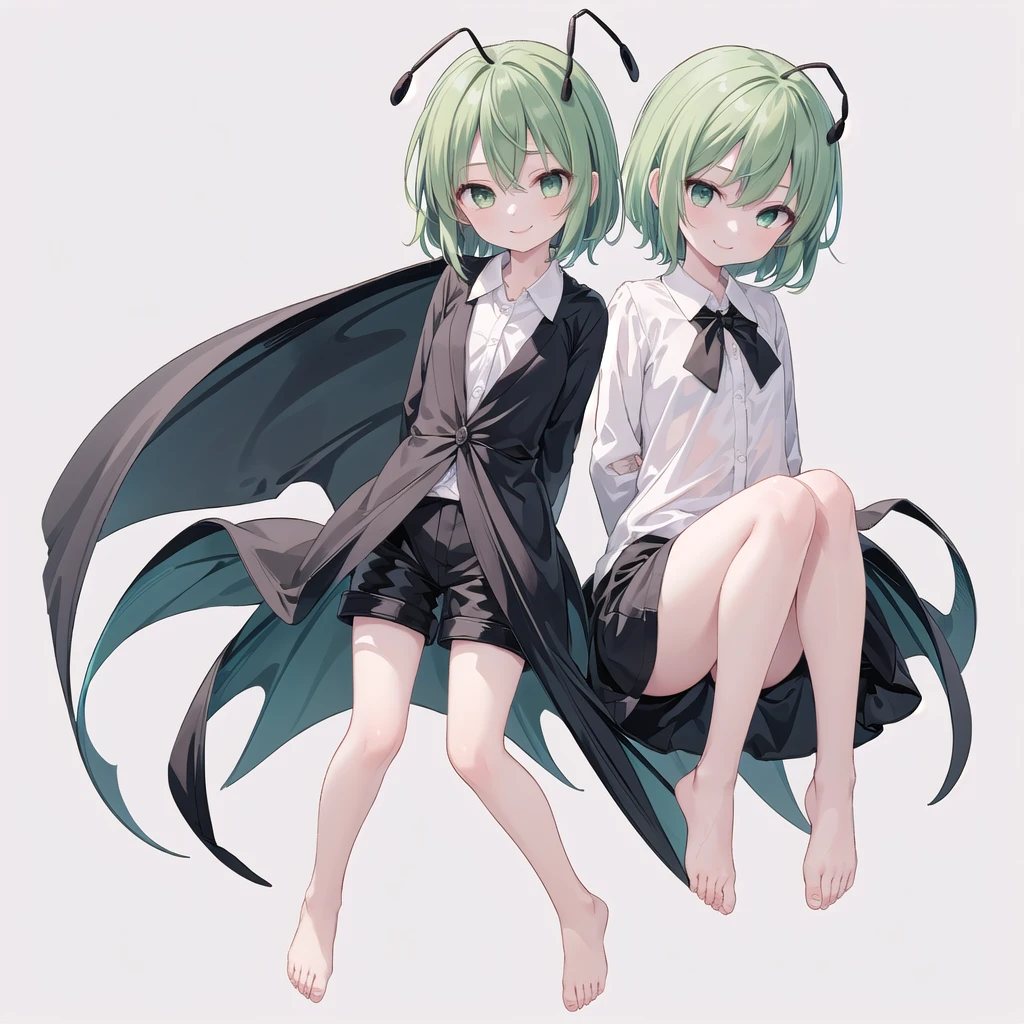 (((one girl))),(((wriggle nightbug))),(touhou),green eyes,antennae,green hair,short hair,swept bangs,white shirt,collared shirt,long sleeves,black shorts,black cape,(((smile))),(((full body))),(((flat chest))),(((arms behind back))),(((knees together feet apart))),(((simple white background))),(((from front)))
