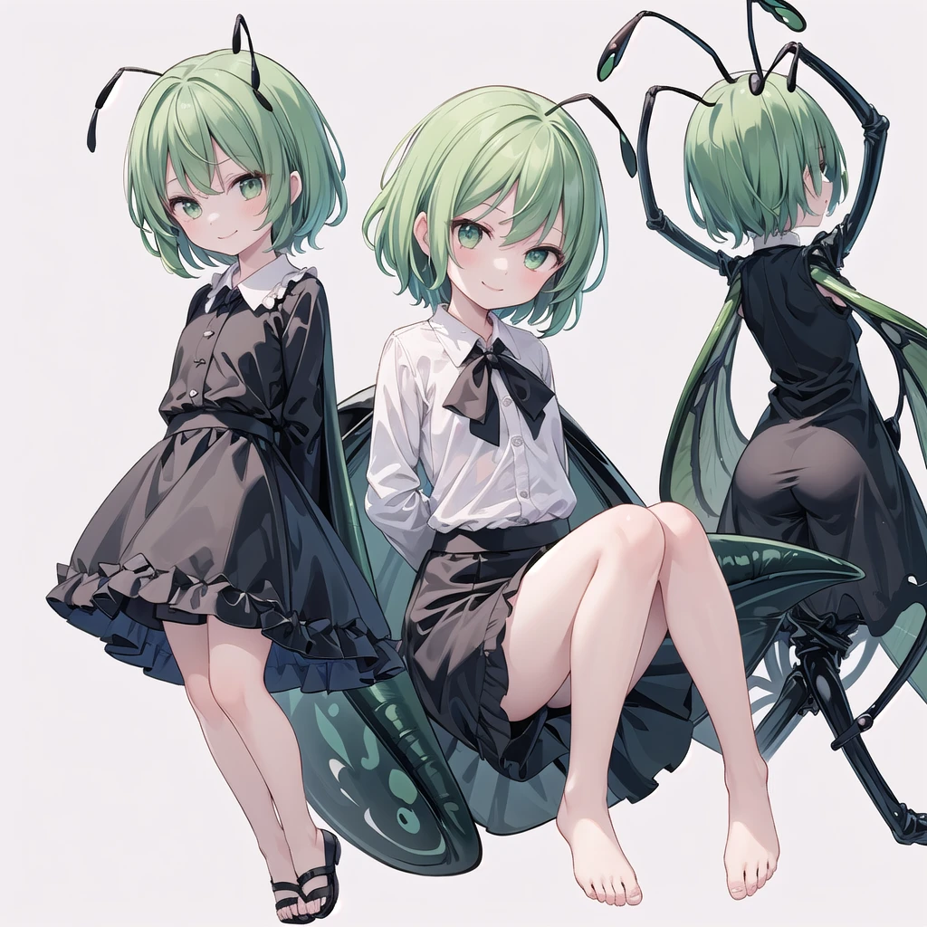(((one girl))),(((wriggle nightbug))),(touhou),green eyes,antennae,green hair,short hair,swept bangs,white shirt,collared shirt,long sleeves,black shorts,black cape,(((smile))),(((full body))),(((flat chest))),(((arms behind back))),(((knees together feet apart))),(((simple white background))),(((from front)))