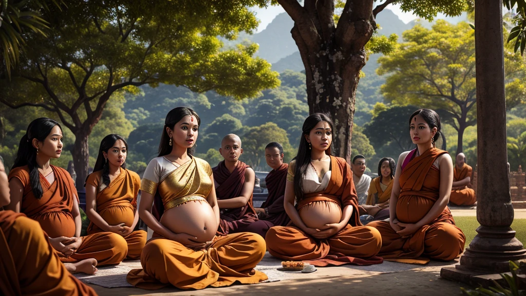 Thailand art photo of ancient indian,  beautiful hot gorgeous seductive pregnant youg women,standing and shouting,surrounded by the peoples and monks, shakyamuni gautam buddha in monk robes sitting under a tree, cinematic realistic image, detailed photo. Photo realistic. 