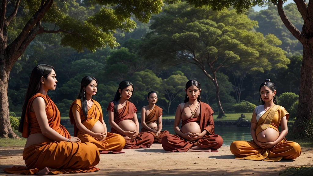 Thailand art photo of ancient indian, beautiful hot gorgeous seductive pregnant youg women,standing and shouting,surrounded by the peoples and monks, shakyamuni gautam buddha in monk robes sitting under a tree, cinematic realistic image, detailed photo. Photo realistic.