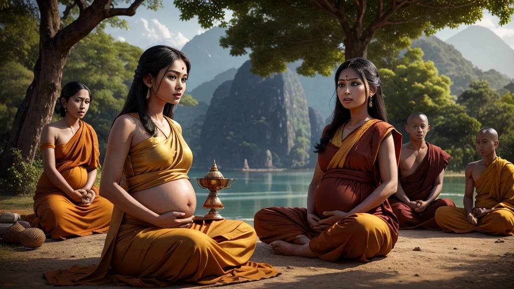 Thailand art photo of ancient indian,  beautiful hot gorgeous seductive pregnant youg women,standing and shouting,surrounded by the peoples and monks, shakyamuni gautam buddha in monk robes sitting under a tree, cinematic realistic image, detailed photo. Photo realistic. 