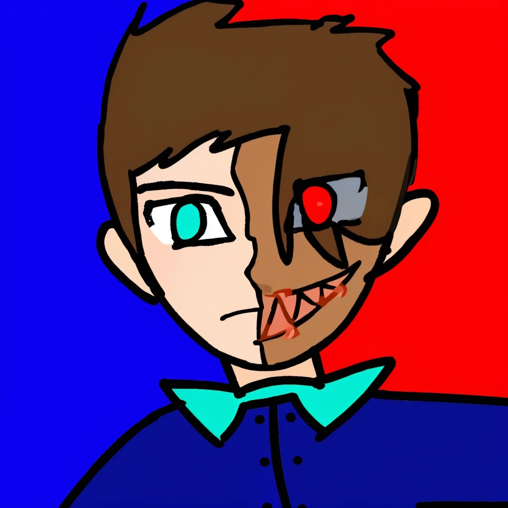 Realistic. Fair skin. Brown hair. Blue eyes to the right of red eyes. Bloody half smile. Dressed in blue