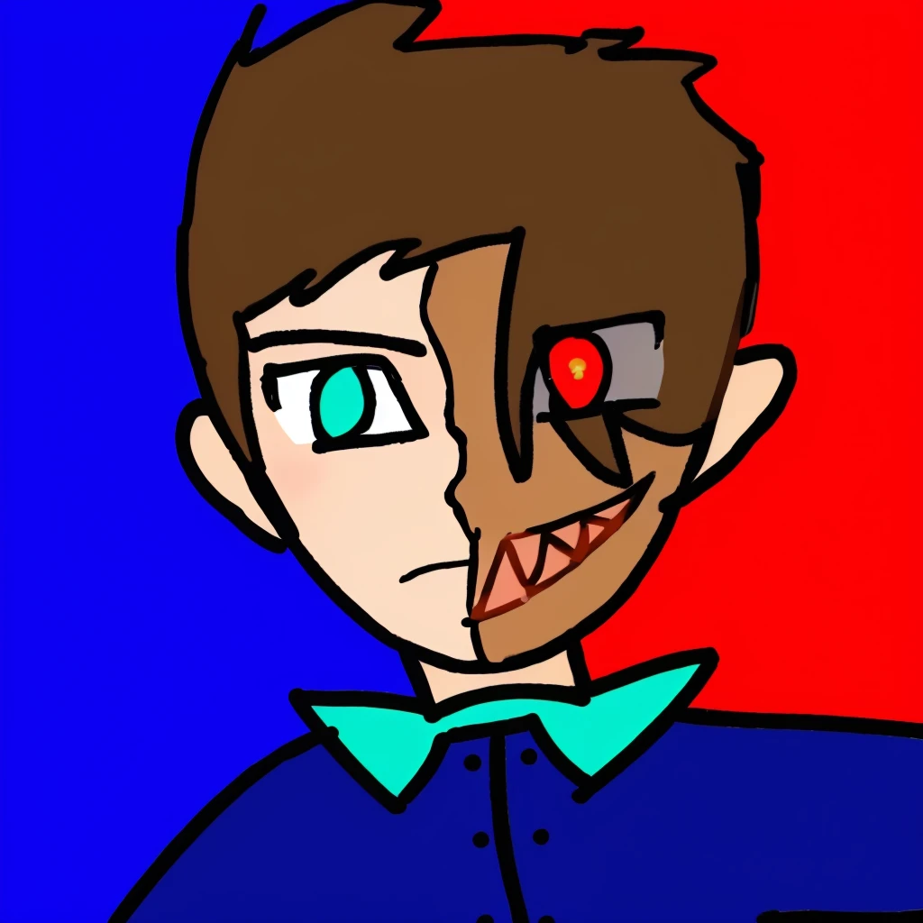 Realistic. Fair skin. Brown hair. Blue eyes to the right of red eyes. Bloody half smile. Dressed in blue