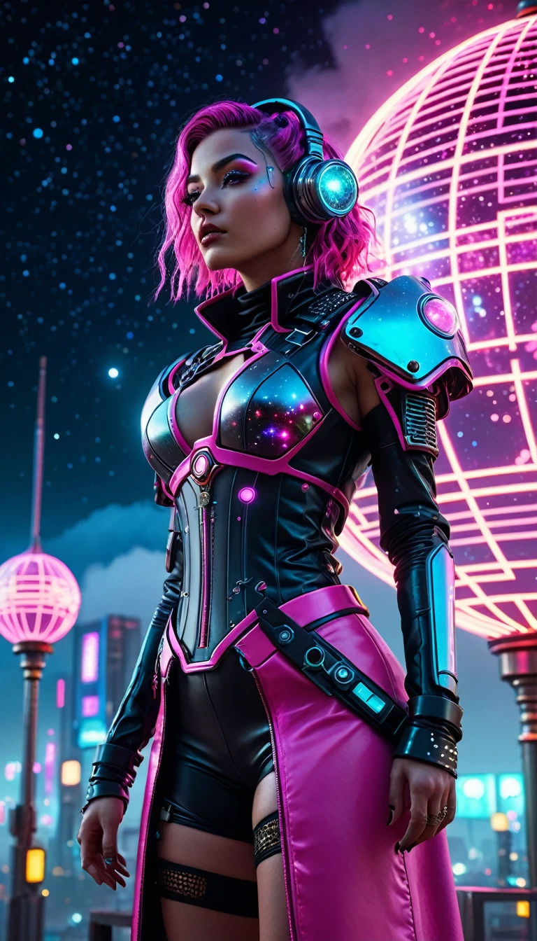 cyberpunk astrologer, hyper-realistic, night sky, cyberpink gear and outfit, full body shot, looking up at stars, magic cards, glass sphere, intricate details, hyperdetailed, dramatic lighting, cinematic, stunning colors, , volumetric fog, depth of field, 8k, photorealistic, masterpiece