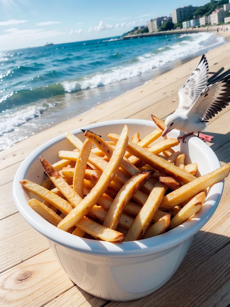 Lots of seagulls、Seagulls and French fries, Seagull and Fries, UHD, retina, masterpiece, anatomically correct, textured skin, super detail, high details, high quality, best quality, highres, 4K