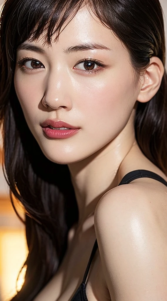 Highly detailed CG Unity 8k wallpaper, of the highest quality, super detailed, masutepiece, Realistic, photographrealistic, extremely detailed cute girl, 25 years old, ,, Upper body , ,Colossal tits,Black eyes,black vikini