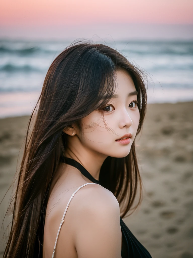 A young South Korean woman aged 24, she has a small, well-proportioned face with delicate features.
Her eyes are large and expressive, with double eyelids and a captivating gaze. Her nose is thin and well defined.
Her lips are full and well-drawn.
Her long, straight hair is a shade of blonde that matches her appearance.
Her skin is clear and smooth. Her body is of medium height and slim, with a graceful figure.
As she walks along the beachfront at sunset in Jeju, her black dress sways in the wind.