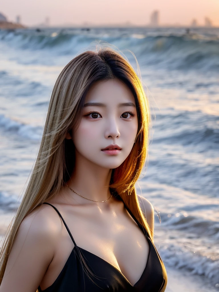 A young South Korean woman aged 24, she has a small, well-proportioned face with delicate features.
Her eyes are large and expressive, with double eyelids and a captivating gaze. Her nose is thin and well defined.
Her lips are full and well-drawn.
Her long, straight hair is a shade of blonde that matches her appearance. 
Her skin is clear and smooth. Her body is of medium height and slim, with a graceful figure.
As she walks along the beachfront at sunset in Jeju, her black dress sways in the wind.
