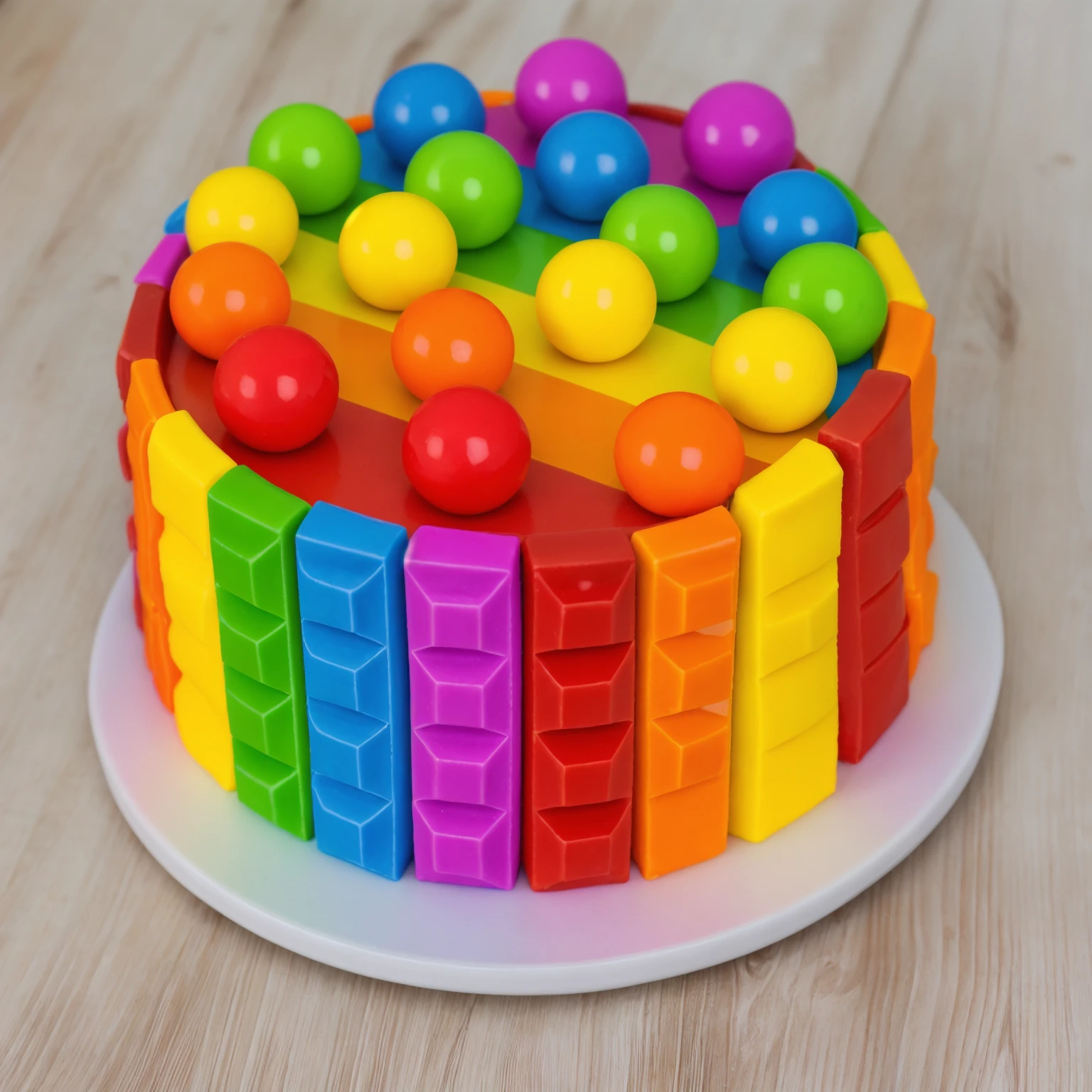 on a wooden table, cake on a white plate. rainbow chocolate bar cake, rainbow ganage on top, rainbow spheres made of polymer clay, Realistic style, realistic texture, detailed texture, bright lighting, Beautiful light from the window, high quality, A high resolution, macro photography, ultra hd 4k, Beautiful sunlight