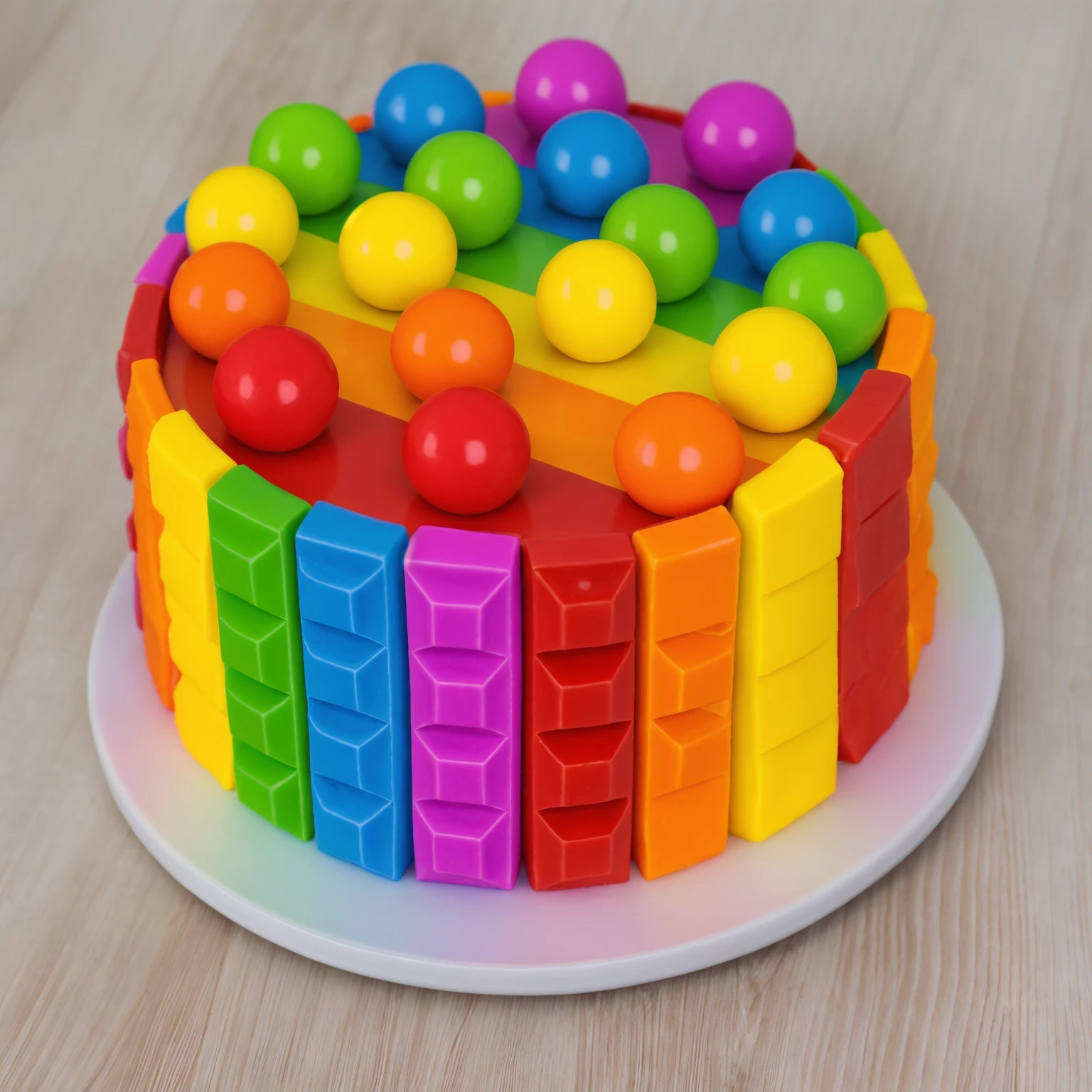 on a wooden table, cake on a white plate. rainbow chocolate bar cake, rainbow ganage on top, rainbow spheres made of polymer clay, Realistic style, realistic texture, detailed texture, bright lighting, Beautiful light from the window, high quality, A high resolution, macro photography, ultra hd 4k, Beautiful sunlight