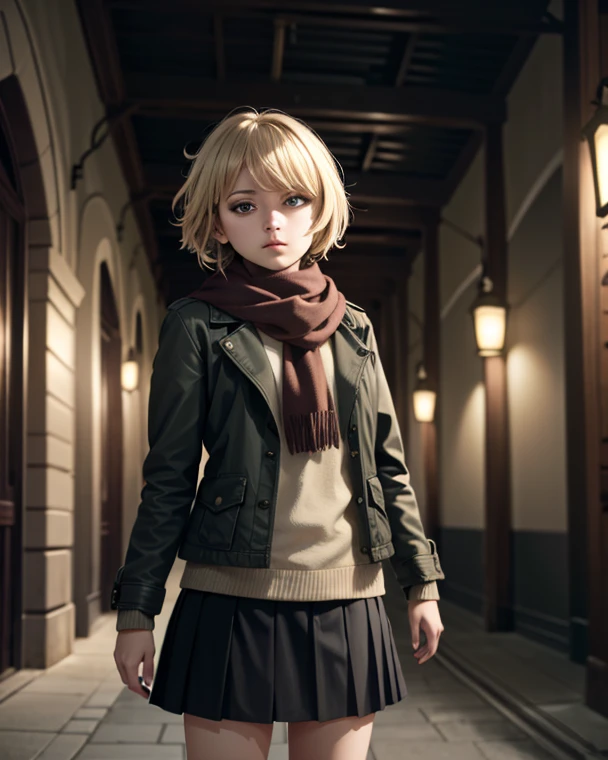 ((ultra detailed, masterpiece, absurdres))
 1girl, UDSam, solo, realistic, jacket, short hair, blonde hair, skirt, scarf, cinematic lighting, landscape, dawn