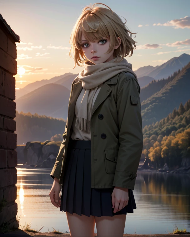 ((ultra detailed, masterpiece, absurdres))
 1girl, UDSam, solo, realistic, jacket, short hair, blonde hair, skirt, scarf, cinematic lighting, landscape, dawn