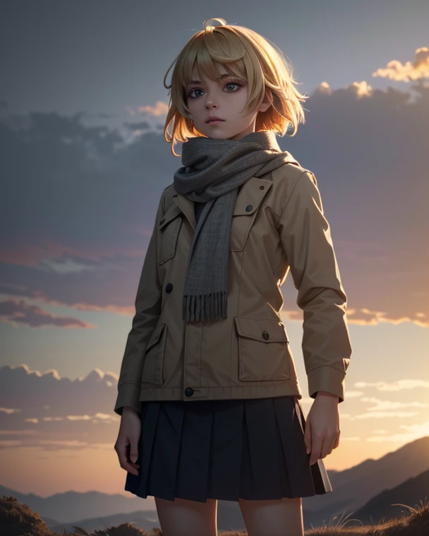 ((ultra detailed, masterpiece, absurdres))
 1girl, UDSam, solo, realistic, jacket, short hair, blonde hair, skirt, scarf, cinematic lighting, landscape, dawn