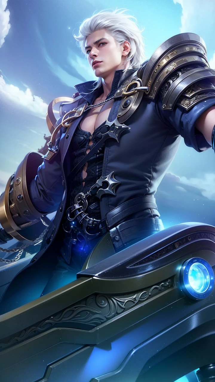 masculine male, masterpiece, ((perfect eyes)) best quality, (semirealism:1.9), beautiful lighting, (extremely detailed CG unity 4k fhd wallpaper), High Detail, Sharp focus, dramatic outdoors, 1 boy ,19 years old, white hair, light purpel eyes, smile.