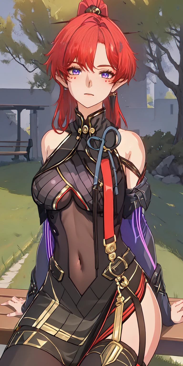 Anime girl, NSFW, 3D art, sitting on the bench, spreading legs, visible panties, 1 girl (solo), hourglass figure, looking at viewer, shy face, blush face, long hair, red hair, purple eyes, park (trees, grass, bench), wearing a black lace bra, wearing a black lace lingerie, wearing a usual black tights, wearing a usual black garter belt, ultra resolution, high detailed, a Head with good anatomy, a body with good anatomy, a hands with good anatomy, a legs with good anatomy, well drawn navel, open navel (visible navel), full body view, visible legs, big size chest (big size boobs),