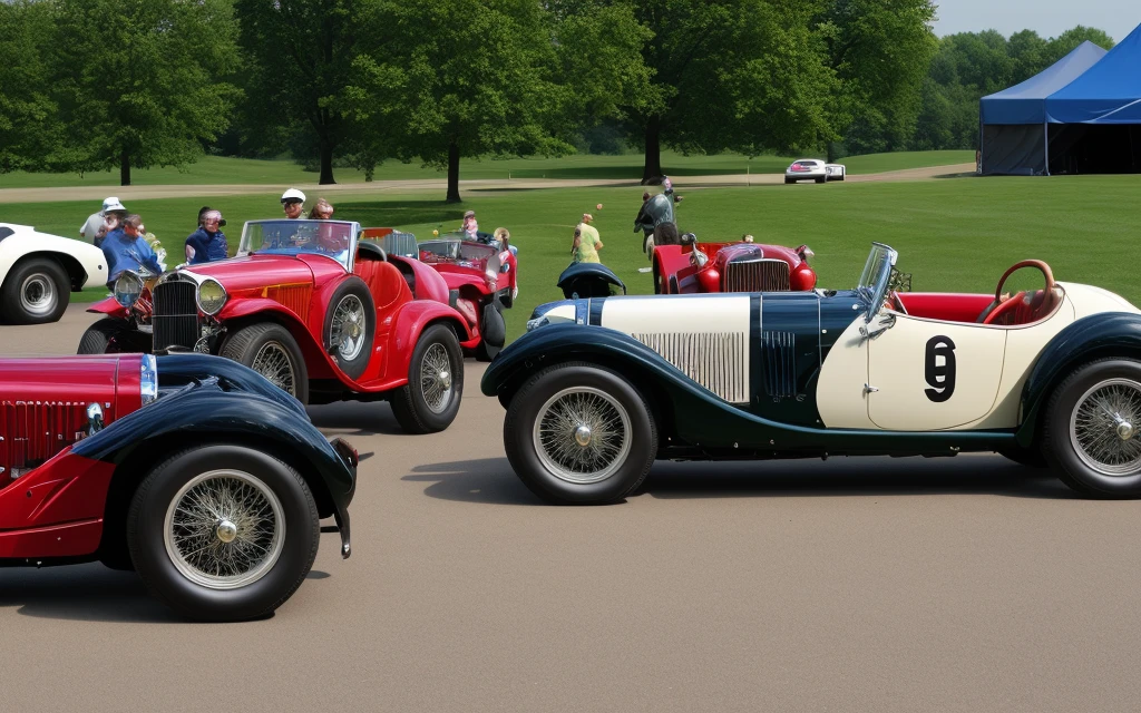 Create an image of several classic cars displayed in a concours d'elegance in an elegant historic garden, rodeados de exuberantes paisajes y arquitectura impresionante. Enfoca los autos en el centro de la imagen, capturing its timeless beauty and the refined atmosphere of the event.