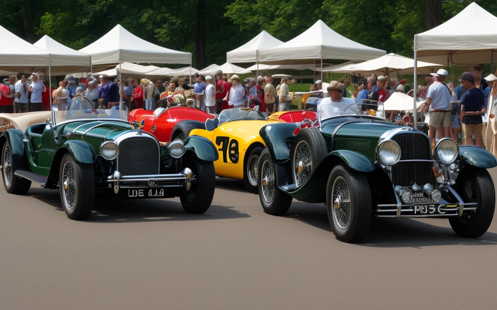 Create an image of several classic cars displayed in a concours d'elegance in an elegant historic garden, rodeados de exuberantes paisajes y arquitectura impresionante. Enfoca los autos en el centro de la imagen, capturing its timeless beauty and the refined atmosphere of the event.