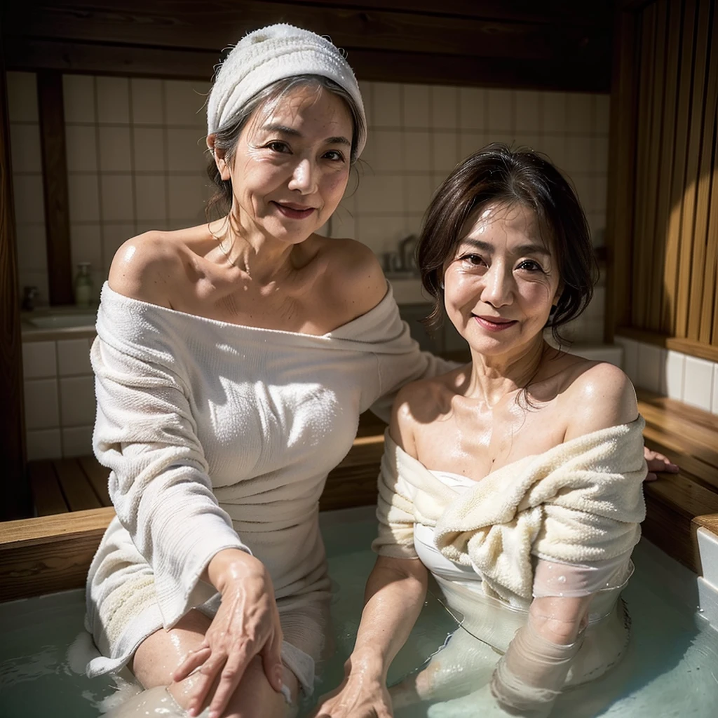 (masterpiece:1.4),(61-year-old woman:1.5),(facial wrinkles :1.2),gentle smile, (mid-length hair : 1.1), (white bath towel around entire torso), (off-shoulder), Sturdy shoulder, soaking in a hot springs, soaking in a wooden bathtub, traditional japanese scene, detailed background, beautiful scenery, outside