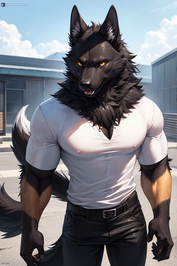 (Best Quality,Ultra-detailed,Realistic:1.37), male hellhound, black fur, yellow eyes, blue sky tongue, muscular, fluffy black tail, wearing white shirt and black pants, standing 